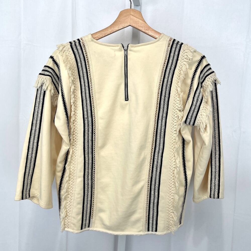 ERI + ALI Anthropologie Santillana Boxy Fringe Blouse Top Cream Black Size XS - Picture 2 of 10